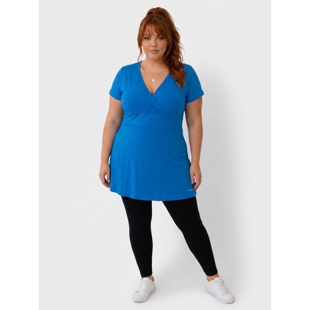 Women's Illuminative "I Am" Blue Faux Wrap V-Neck Tunic Top Empire Waist XL NWOT
